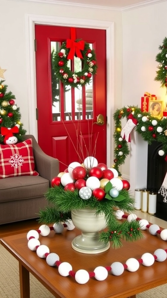 A festive living room with red and white DIY Christmas decorations including a wreath, table centerpiece, and pom-pom garland.